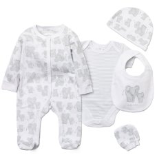 F10719NB: Baby Unisex Elephant 6 Piece Mesh Bag Gift Set (NB-6 Months)